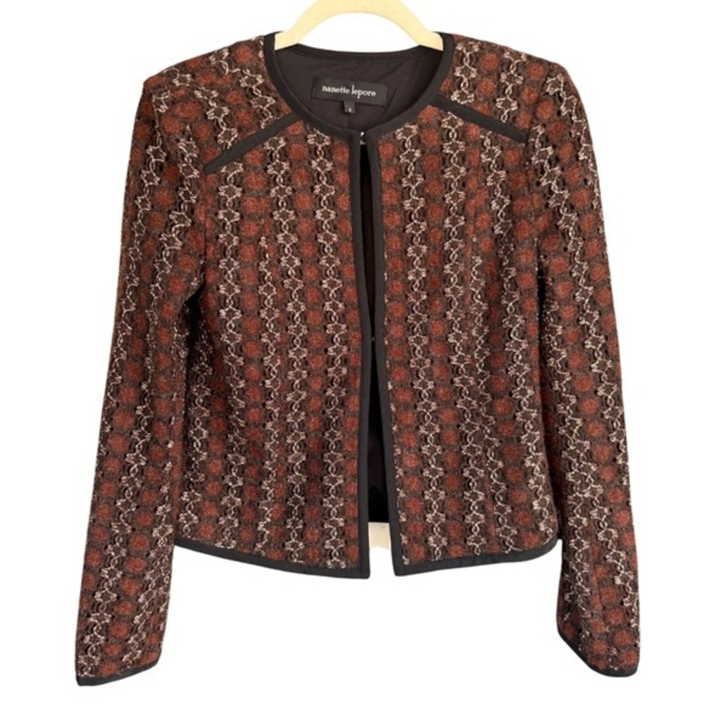 A6 Nanette Lepore‎ Jacket Womens Size 2 Brown Textured Tweed Blazer